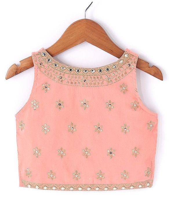 Babyhug Sleeveless Chanderi Embrodered Choli With Shimmer Net Tiered Lehenga And Dupatta- Peach