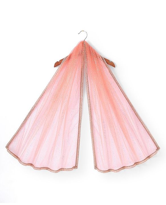 Babyhug Sleeveless Chanderi Embrodered Choli With Shimmer Net Tiered Lehenga And Dupatta- Peach
