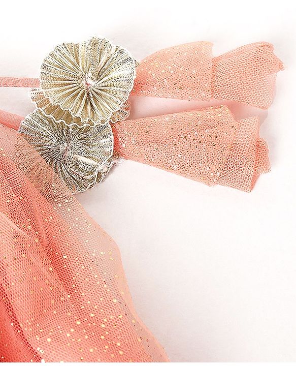 Babyhug Sleeveless Chanderi Embrodered Choli With Shimmer Net Tiered Lehenga And Dupatta- Peach