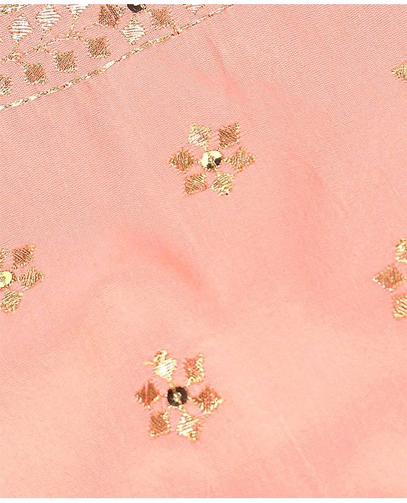 Babyhug Sleeveless Chanderi Embrodered Choli With Shimmer Net Tiered Lehenga And Dupatta- Peach
