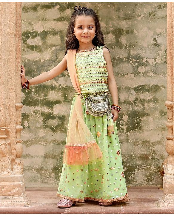 Babyhug Sleeveless Mirror Embroidered Choli With Lehenga And Dupatta - Green