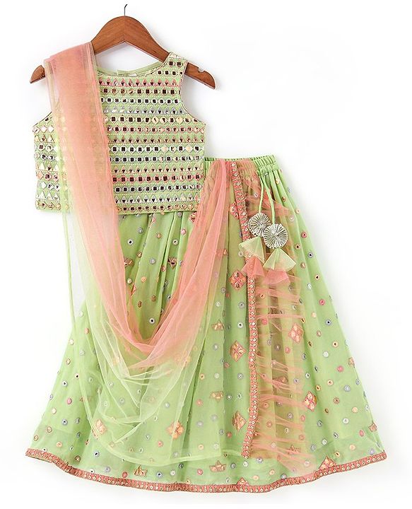 Babyhug Sleeveless Mirror Embroidered Choli With Lehenga And Dupatta - Green