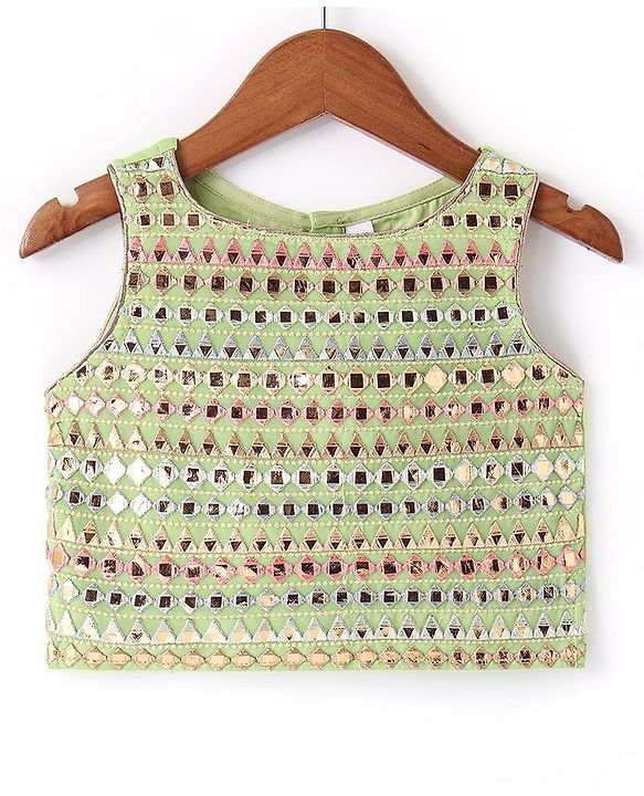 Babyhug Sleeveless Mirror Embroidered Choli With Lehenga And Dupatta - Green