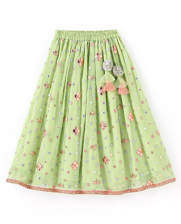 Babyhug Sleeveless Mirror Embroidered Choli With Lehenga And Dupatta - Green