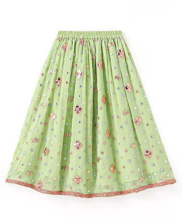 Babyhug Sleeveless Mirror Embroidered Choli With Lehenga And Dupatta - Green