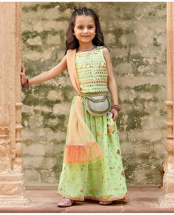 Buy Babyhug Sleeveless Floral Embroidered Lehenga Set With Sheer Dupatta -  Green & Pink Online at desertcartKUWAIT
