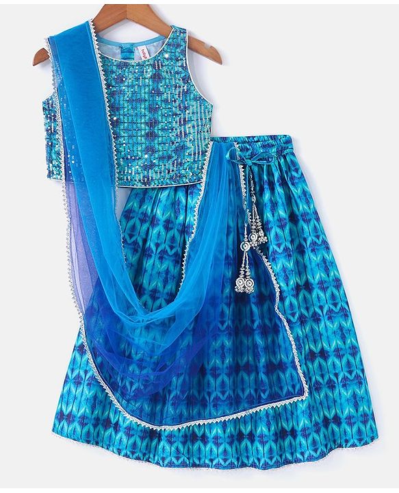 Babyhug Sleeveless Printed Sequenced Choli With Printed Lehenga And Dupatta- Blue