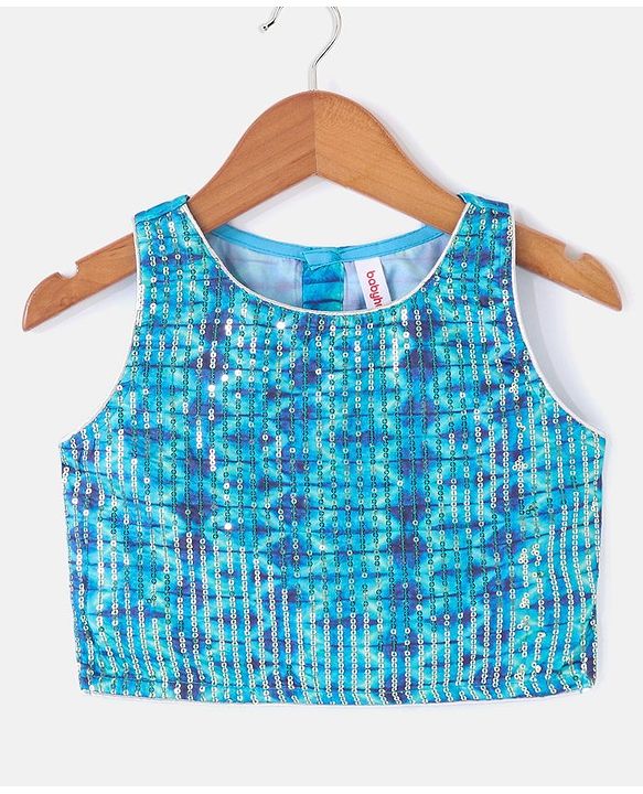 Babyhug Sleeveless Printed Sequenced Choli With Printed Lehenga And Dupatta- Blue