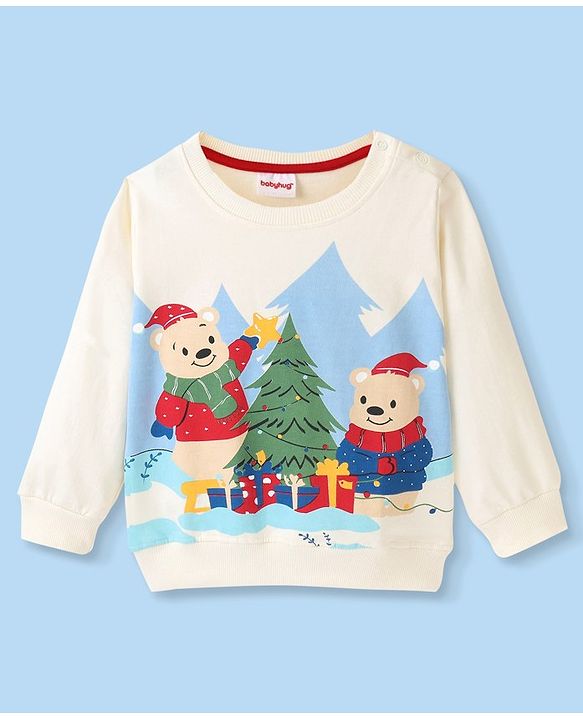 Babyhug Cotton Knit Full Sleeves Sweatshirt With Christmas Theme Graphics - Off White
