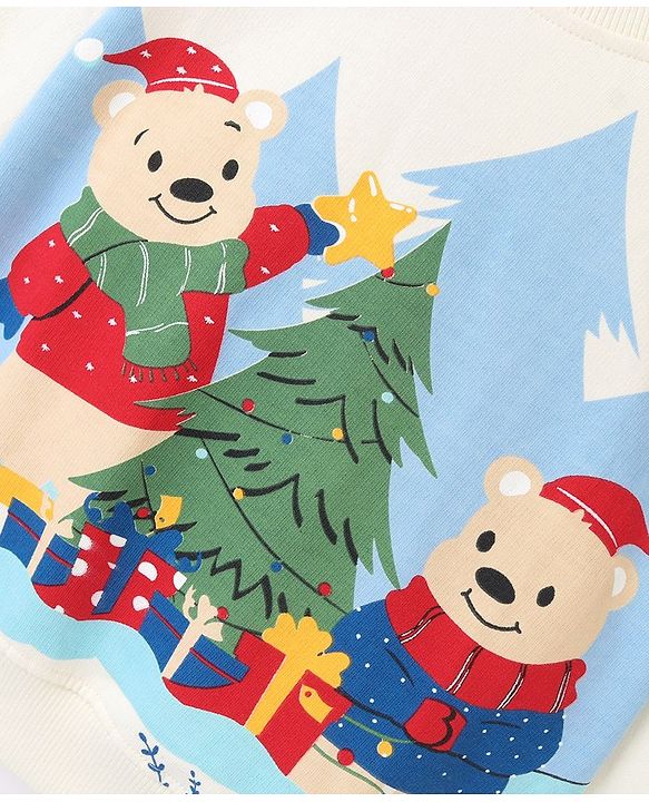 Babyhug Cotton Knit Full Sleeves Sweatshirt With Christmas Theme Graphics - Off White