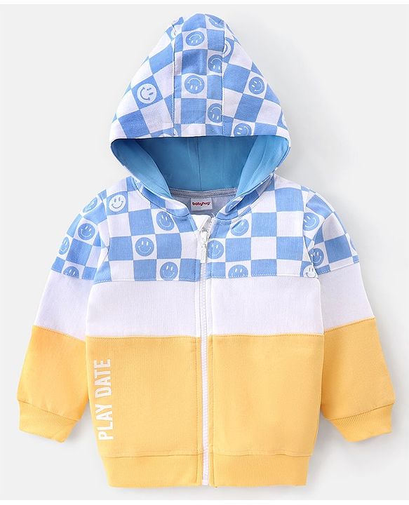Babyhug Full Sleeves Cut & Sew Hooded Sweat Jacket With Happy Face Graphics - Yellow  & Blue