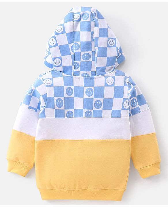 Babyhug Full Sleeves Cut & Sew Hooded Sweat Jacket With Happy Face Graphics - Yellow  & Blue