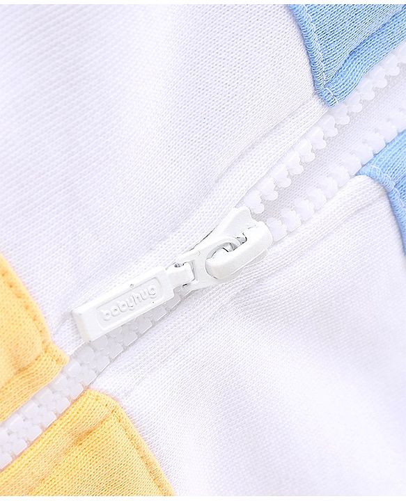 Babyhug Full Sleeves Cut & Sew Hooded Sweat Jacket With Happy Face Graphics - Yellow  & Blue