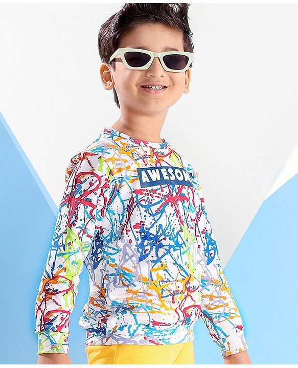 Babyhug Cotton Knit Full Sleeves Colour Splash Printed Sweatshirt - White