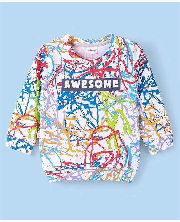 Babyhug Cotton Knit Full Sleeves Colour Splash Printed Sweatshirt - White