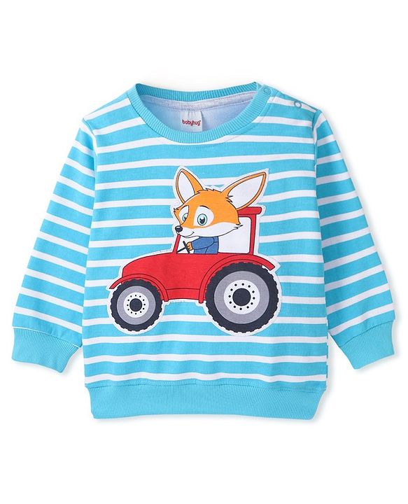 Babyhug Cotton Knit Full Sleeves Striped Sweat Shirt with Fox Graphics - Blue