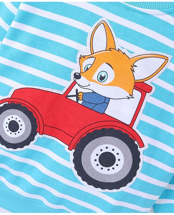 Babyhug Cotton Knit Full Sleeves Striped Sweat Shirt with Fox Graphics - Blue