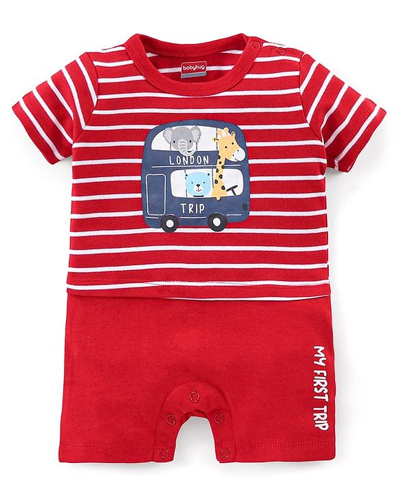 Babyhug 100% Cotton Knit Half Sleeves Striped Romper with Double Decker Bus Print - Red