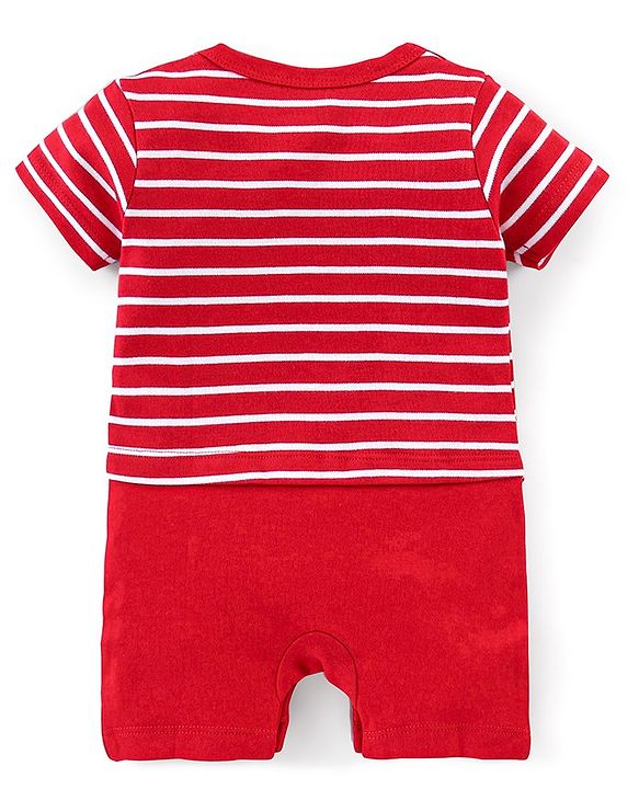 Babyhug 100% Cotton Knit Half Sleeves Striped Romper with Double Decker Bus Print - Red
