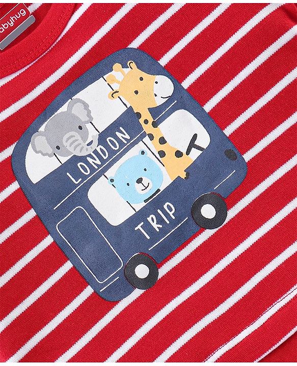 Babyhug 100% Cotton Knit Half Sleeves Striped Romper with Double Decker Bus Print - Red