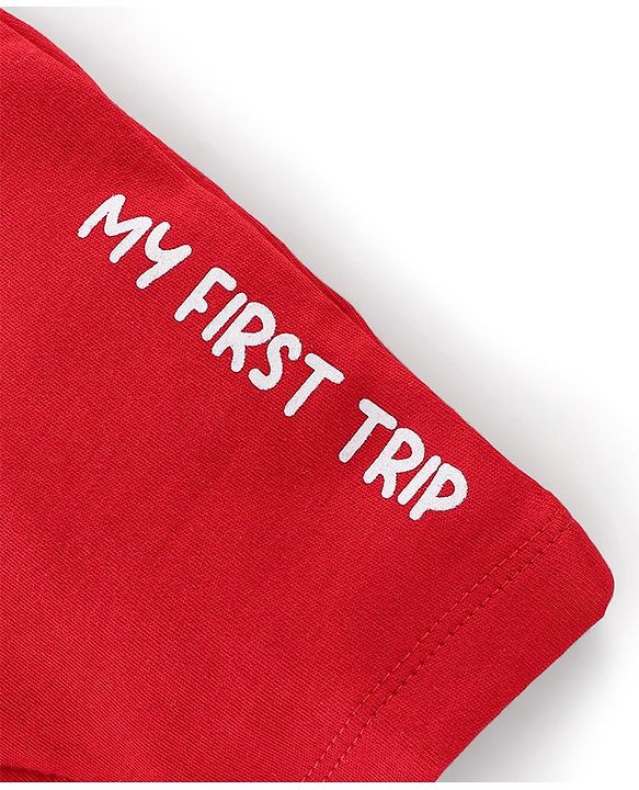 Babyhug 100% Cotton Knit Half Sleeves Striped Romper with Double Decker Bus Print - Red
