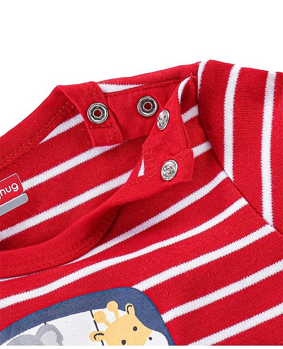 Babyhug 100% Cotton Knit Half Sleeves Striped Romper with Double Decker Bus Print - Red