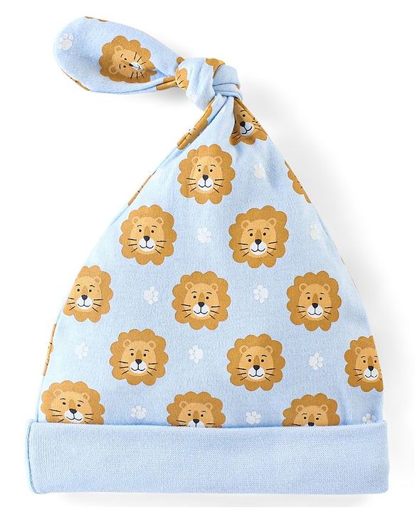 Babyhug 100% Cotton Knit Lion Face Print Caps Pack of 2 Yellow & Blue - Diameter 10 cm