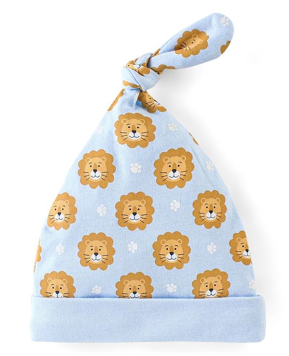 Babyhug 100% Cotton Knit Lion Face Print Caps Pack of 2 Yellow & Blue - Diameter 10 cm