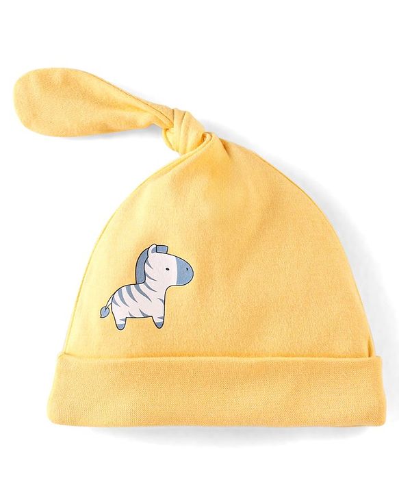 Babyhug 100% Cotton Knit Lion Face Print Caps Pack of 2 Yellow & Blue - Diameter 10 cm