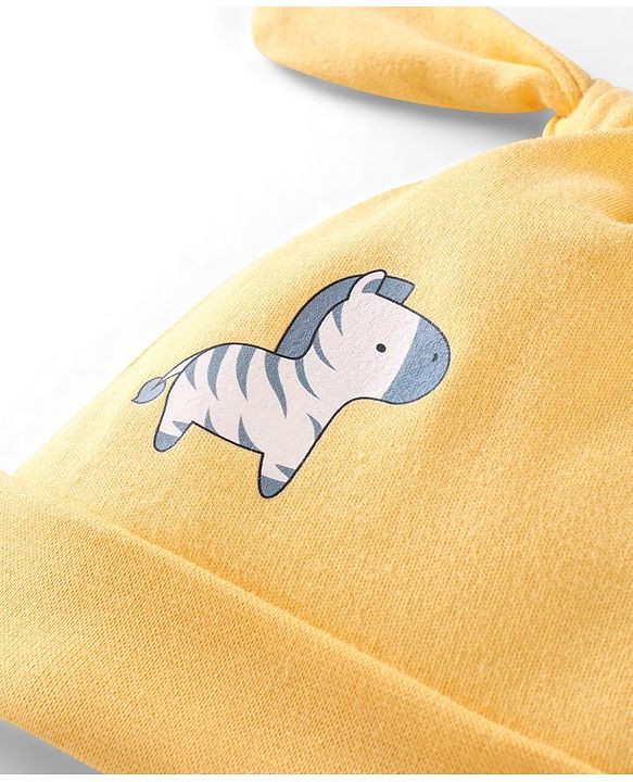 Babyhug 100% Cotton Knit Lion Face Print Caps Pack of 2 Yellow & Blue - Diameter 10 cm