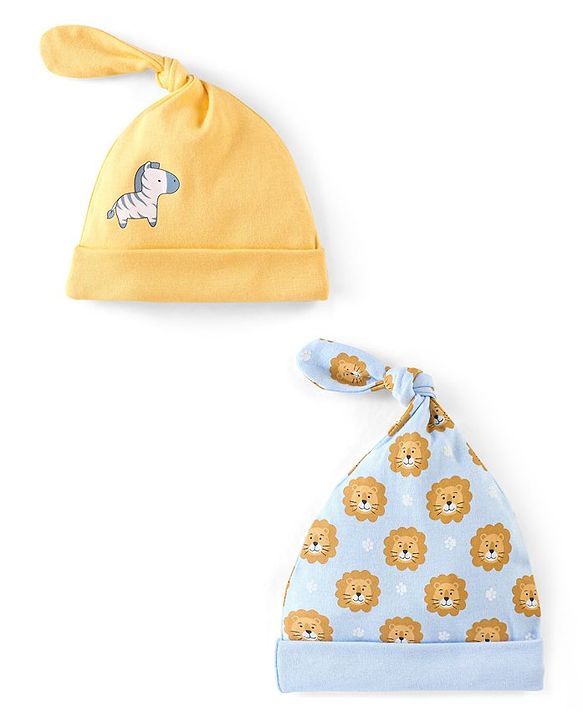 Babyhug 100% Cotton Knit Lion Face Print Caps Pack of 2 Yellow & Blue - Diameter 10 cm