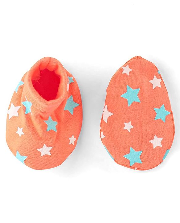 Babyhug 100% Cotton Knit Star Printed Cap Mittens & Booties Set- Orange