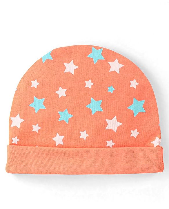 Babyhug 100% Cotton Knit Star Printed Cap Mittens & Booties Set- Orange