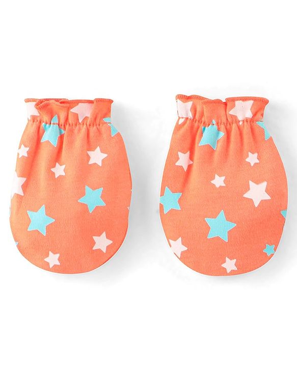 Babyhug 100% Cotton Knit Star Printed Cap Mittens & Booties Set- Orange