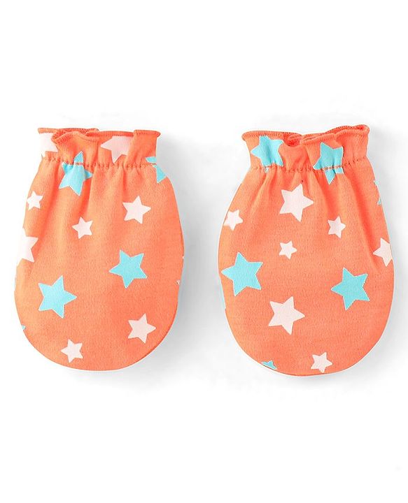 Babyhug 100% Cotton Knit Star Printed Cap Mittens & Booties Set- Orange
