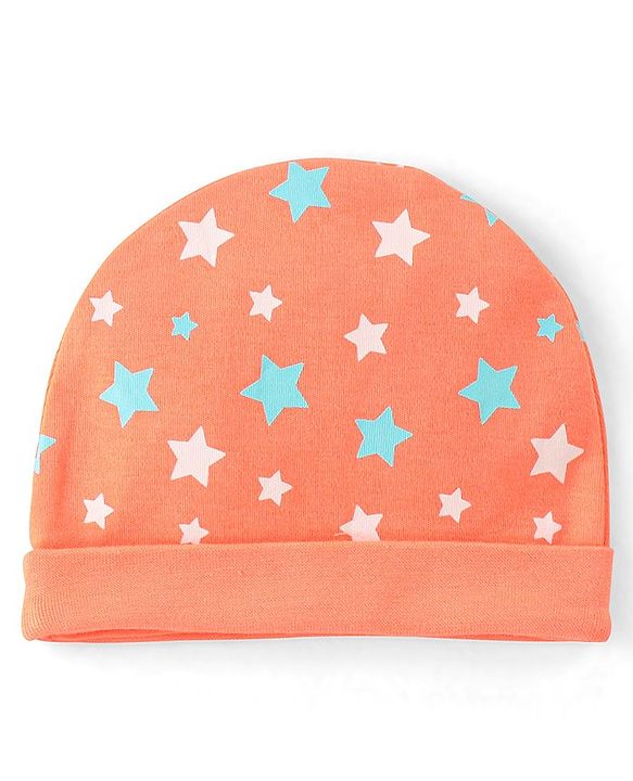 Babyhug 100% Cotton Knit Star Printed Cap Mittens & Booties Set- Orange