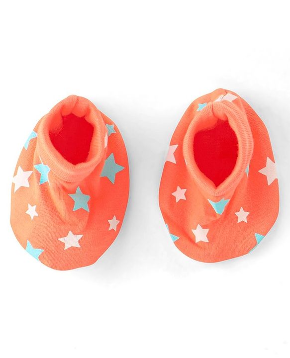Babyhug 100% Cotton Knit Star Printed Cap Mittens & Booties Set- Orange