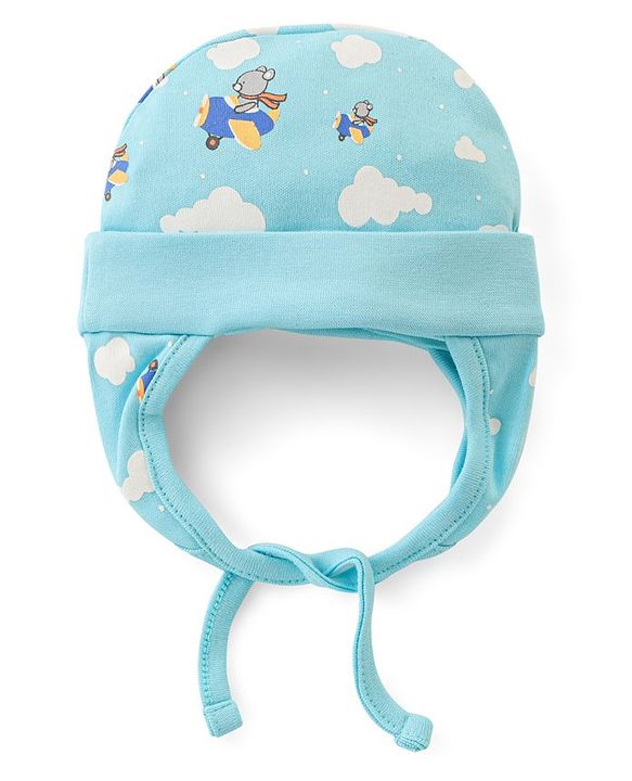 Babyhug 100% Cotton Tie Knot Bear Print Cap - Blue
