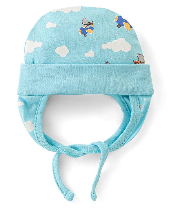 Babyhug 100% Cotton Tie Knot Bear Print Cap - Blue