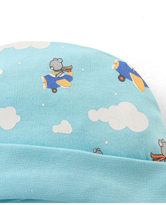 Babyhug 100% Cotton Tie Knot Bear Print Cap - Blue