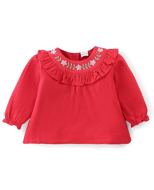 Babyhug Slub Rayon Full Sleeves Top With Floral Embroidery & Frill Detailing - Red