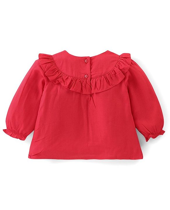 Babyhug Slub Rayon Full Sleeves Top With Floral Embroidery & Frill Detailing - Red