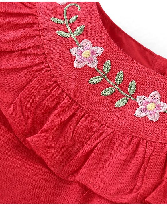 Babyhug Slub Rayon Full Sleeves Top With Floral Embroidery & Frill Detailing - Red