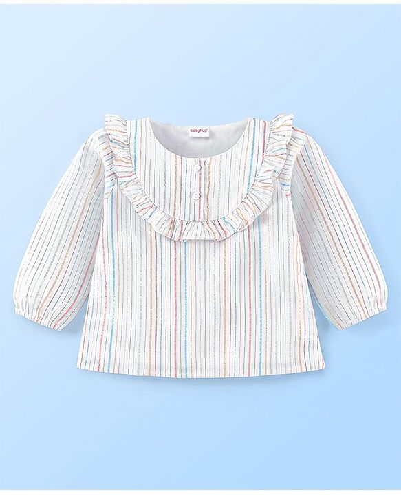 Babyhug 100% Cotton Lurex Woven Balloon Sleeves Striped Top with Frill Detailing - White