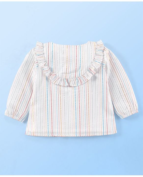 Babyhug 100% Cotton Lurex Woven Balloon Sleeves Striped Top with Frill Detailing - White