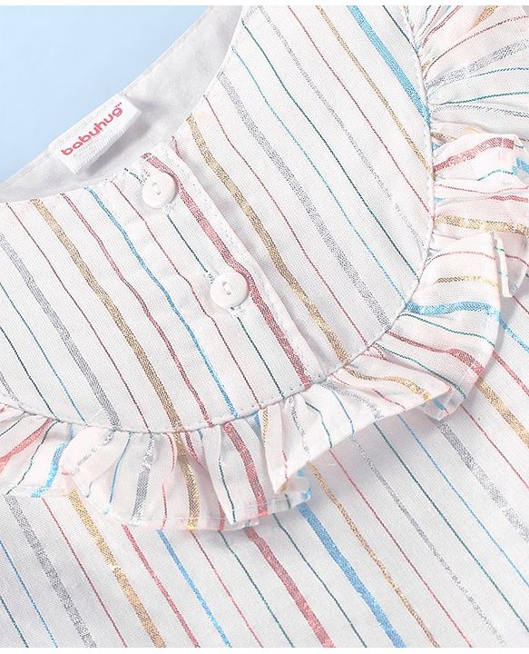 Babyhug 100% Cotton Lurex Woven Balloon Sleeves Striped Top with Frill Detailing - White