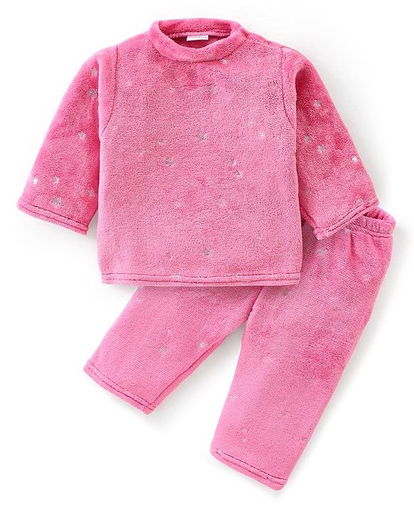 Babyhug Velour Knit Full Sleeves Foil Star Printed Winter Night Suit - Pink