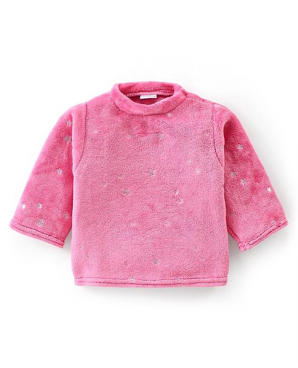 Babyhug Velour Knit Full Sleeves Foil Star Printed Winter Night Suit - Pink