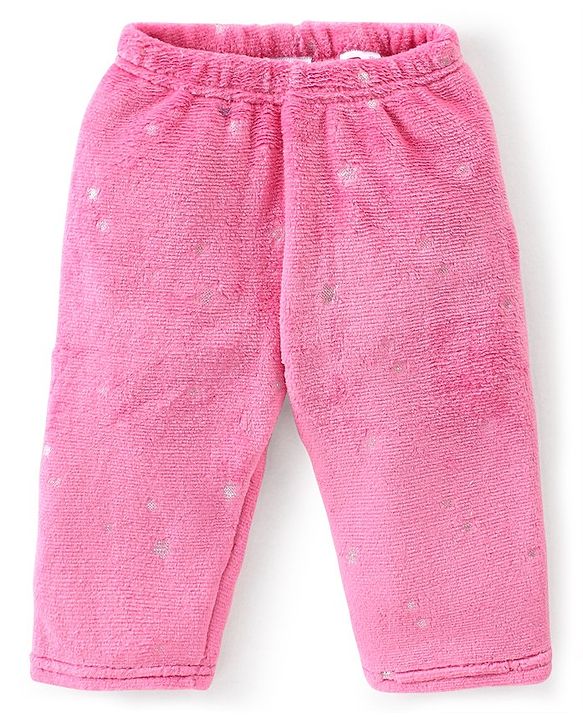 Babyhug Velour Knit Full Sleeves Foil Star Printed Winter Night Suit - Pink