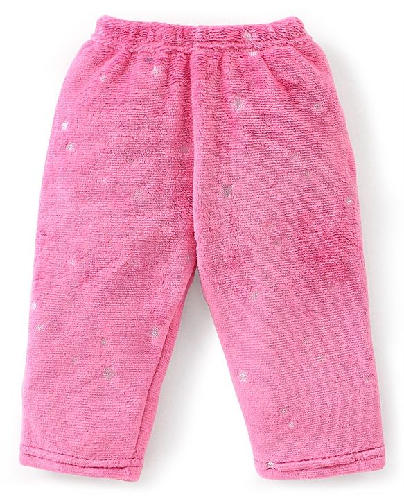 Babyhug Velour Knit Full Sleeves Foil Star Printed Winter Night Suit - Pink